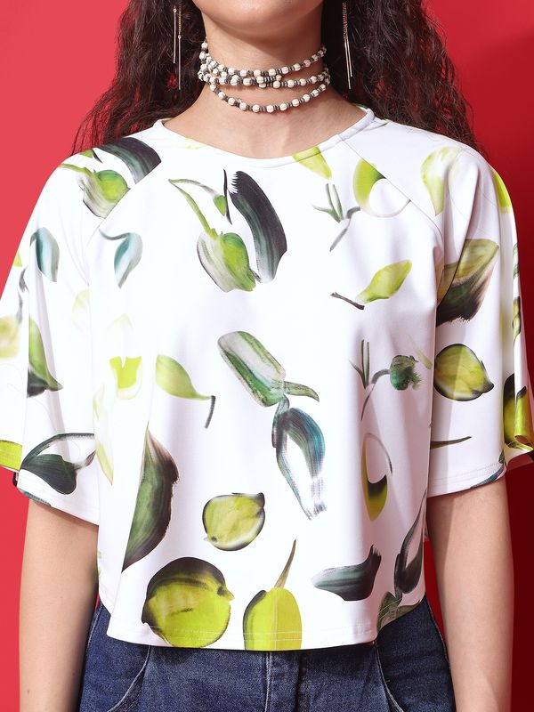 Off White Round Neck Crop Top For Women