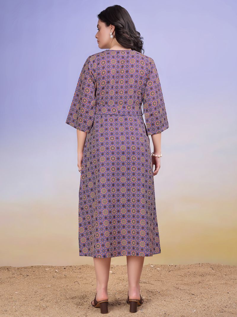 Women's Elegant Wrap Midi Bell Sleeves & Tie-Up Waist Blue Dress