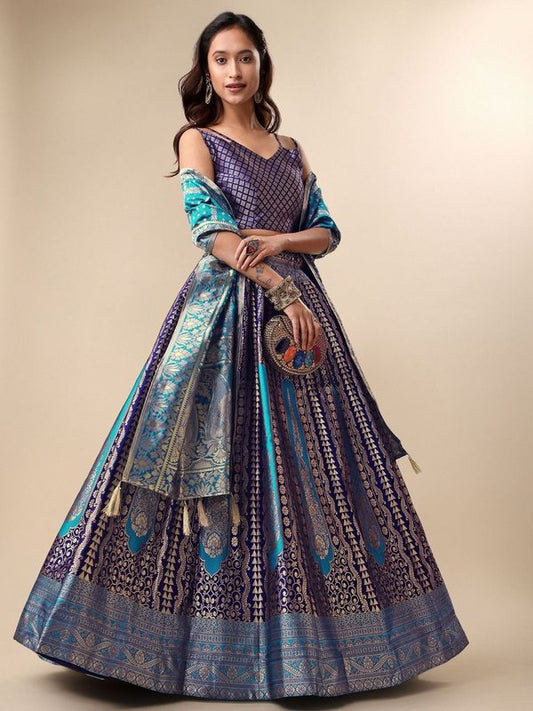 Women Embellished Flared Navy Blue Lehenga Choli