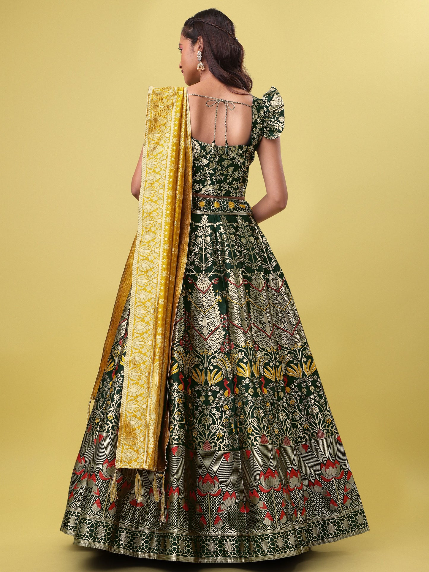 Women Green Jacquard Lehenga