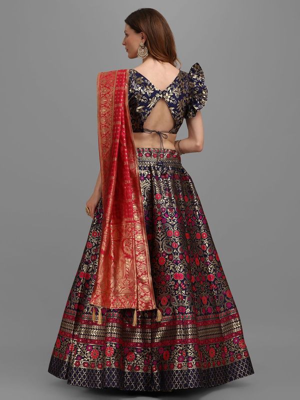 Women Blue Self Design Lehenga