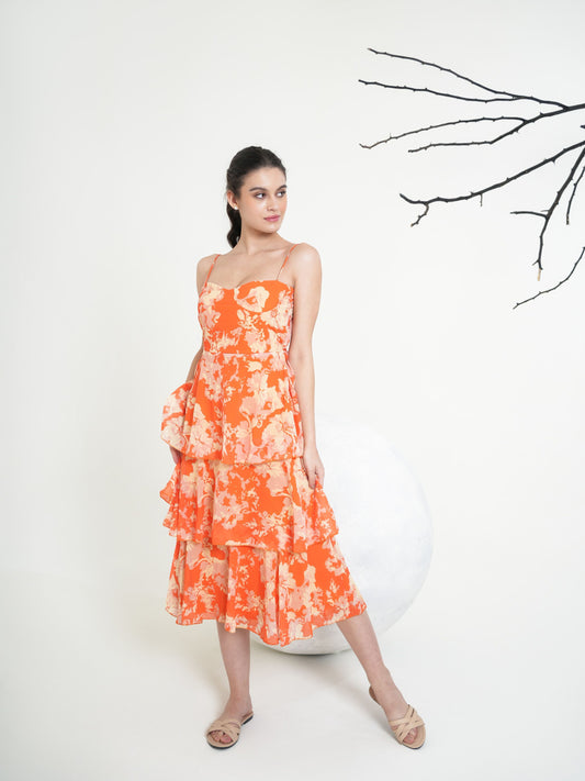 Women Orange Layered/ Tie-up Dress