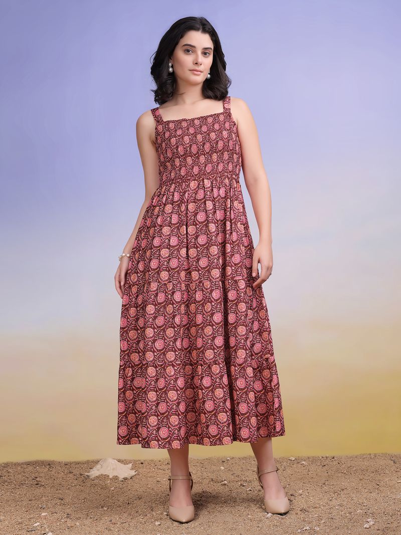 Women's Maroon Printed Sleeveless Maxi Dress