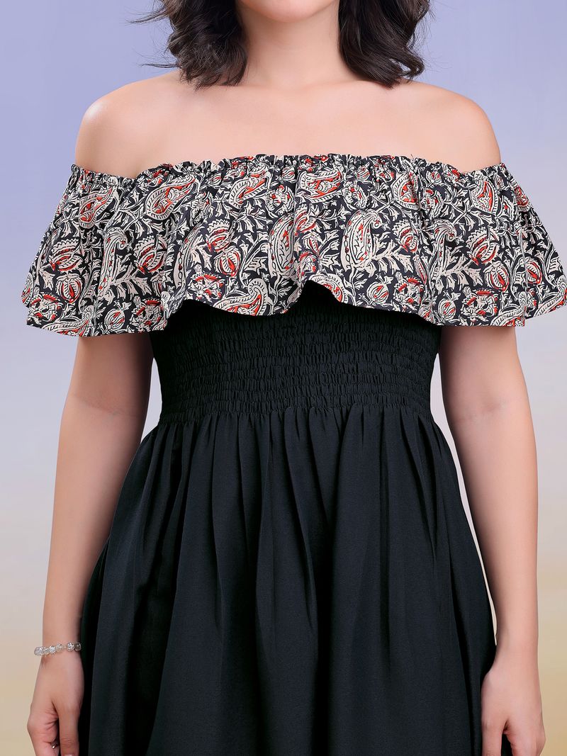 Women's Black Solid Off Shoulder Sleeveless Dress