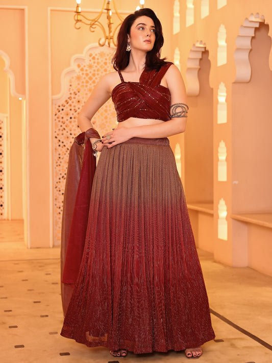 Crushed Silk Maroon Lehenga Choli with Sequined Embroidery