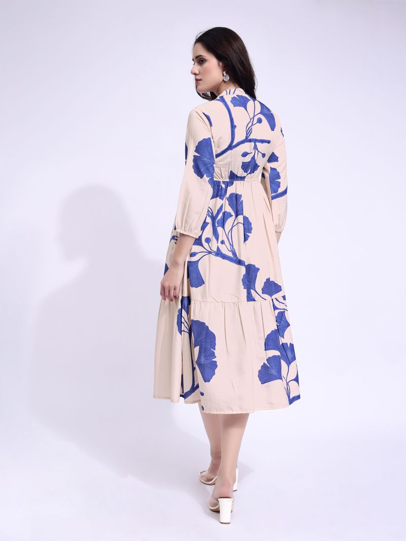 Women's Off White Fit & Flared Midi Puff Sleeve Dress