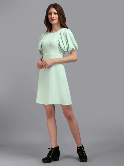 Tea Green Round neck  Puff Sleeve Bodycon Dress