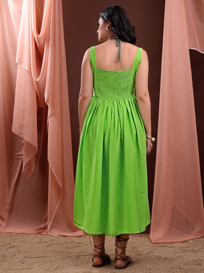 Women's Green Fit & Flared Midi Cotton Blend Dress