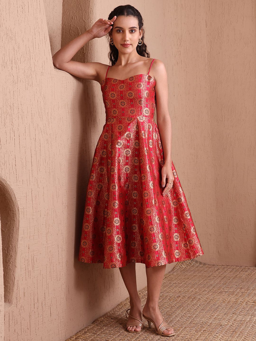 Obshivka Printed Fit and Flare Red Dress