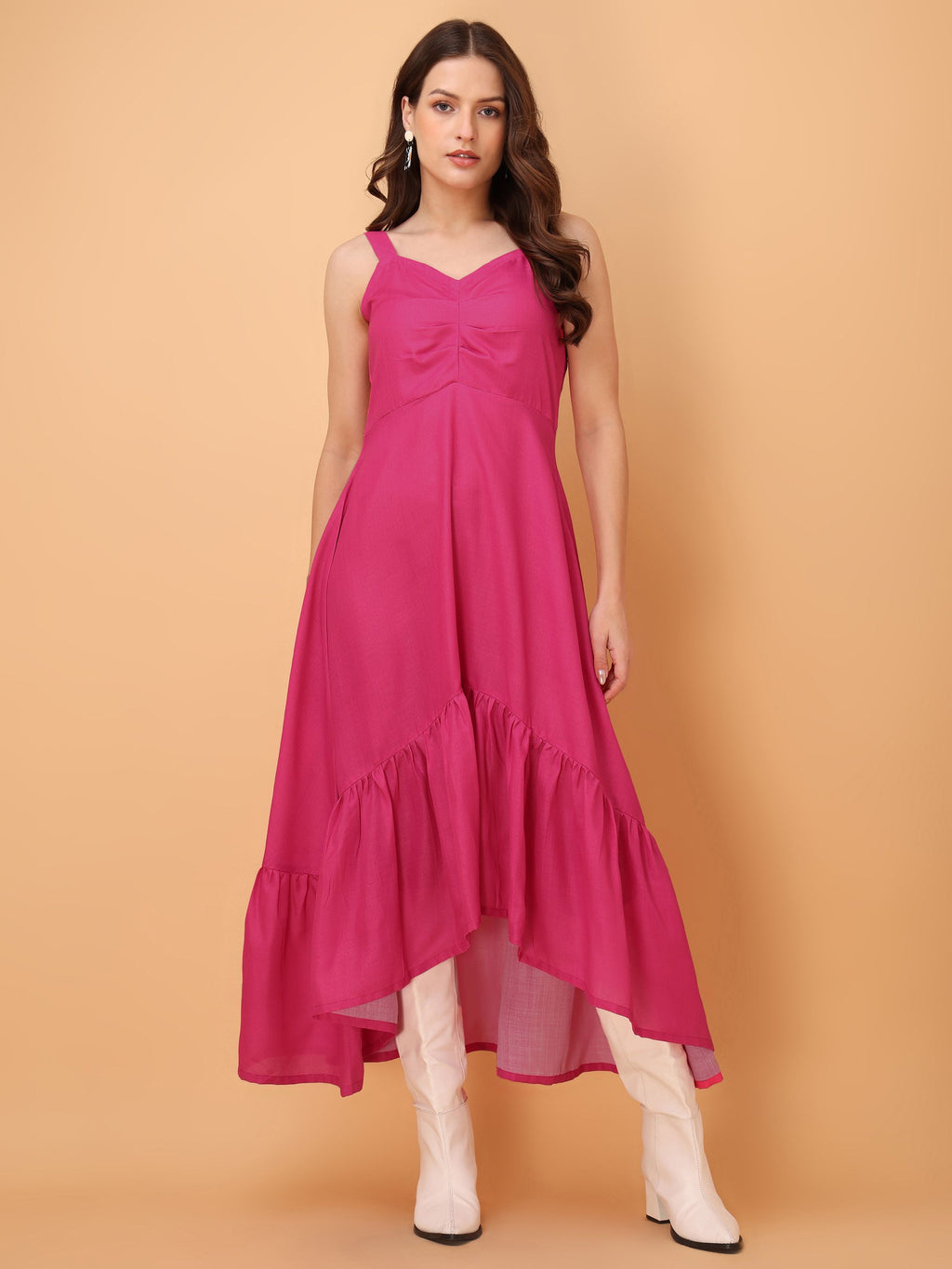 Women Ruffle/Fit & Flare Midi Pink Dress