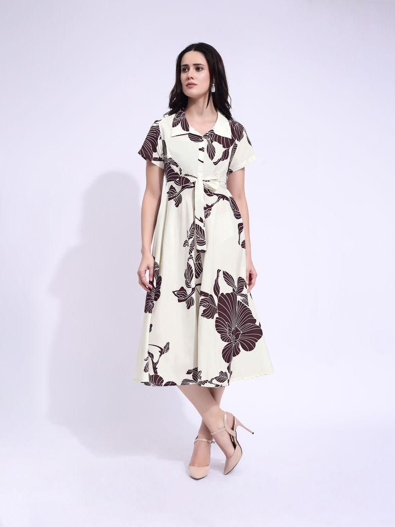 Women's Off White Fit & Flared Stylish Sleeve Dress