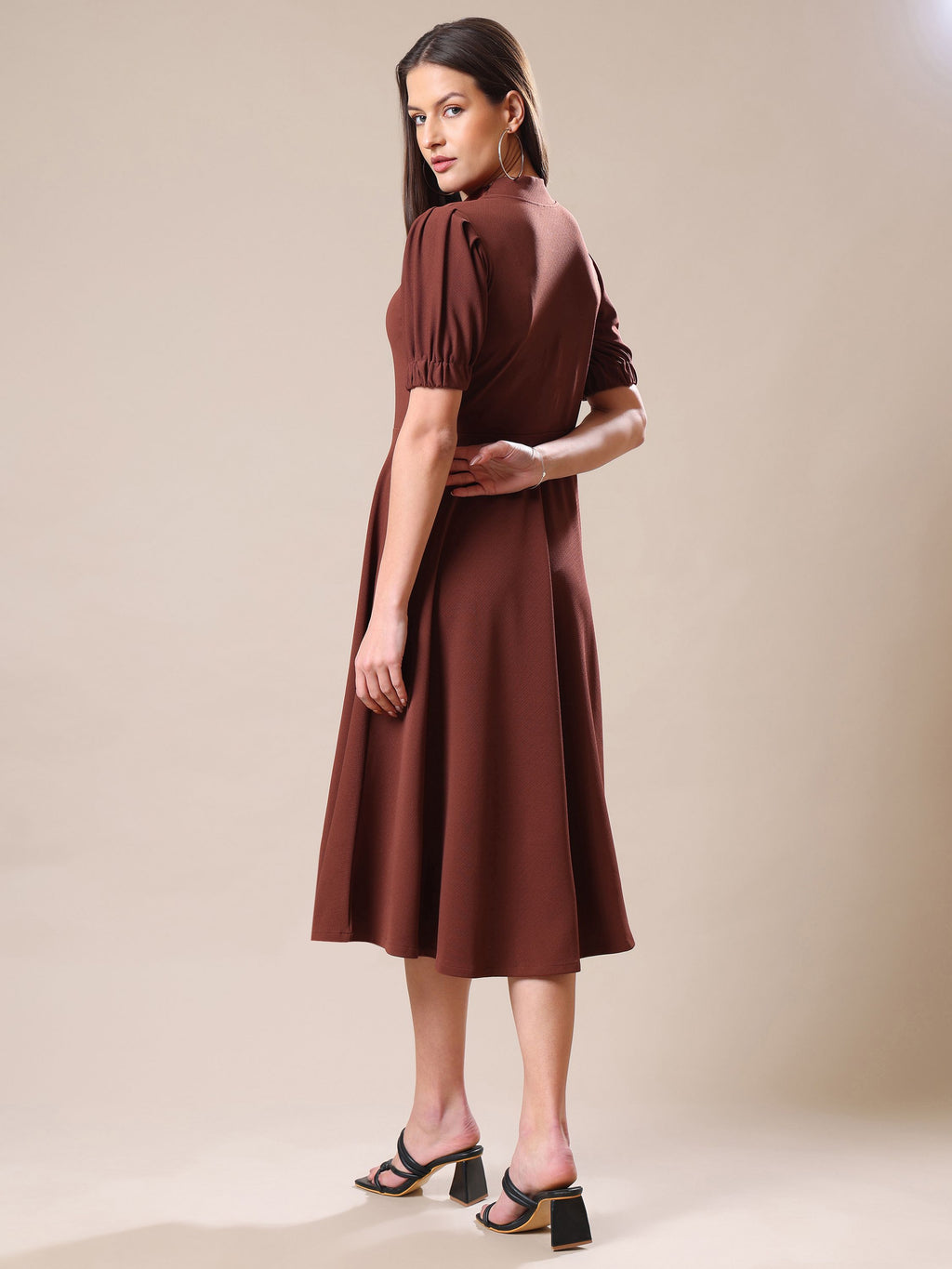Women's Knee Length Flared Brown Dress