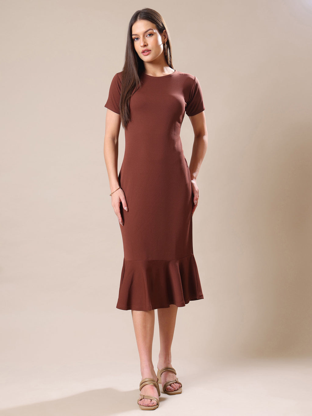 Women's Short Sleeve Bodycone Brown Dress
