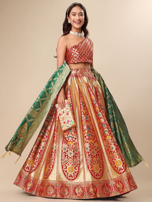 Women Red Floral Print Lehenga