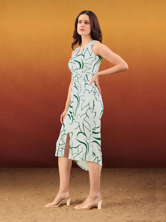 Women's Green Printed Midi  Sleeveless Dress
