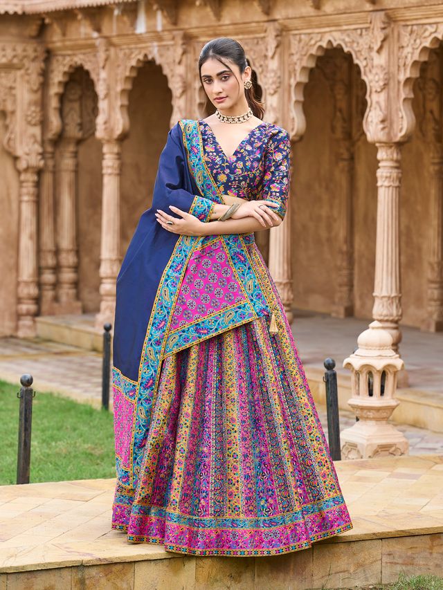 Women's Navy-Blue Jacquard Crape Lehengas