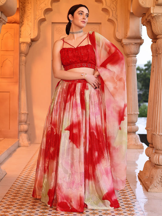 Chinon Printed With Siroski Work Red Lehenga Choli