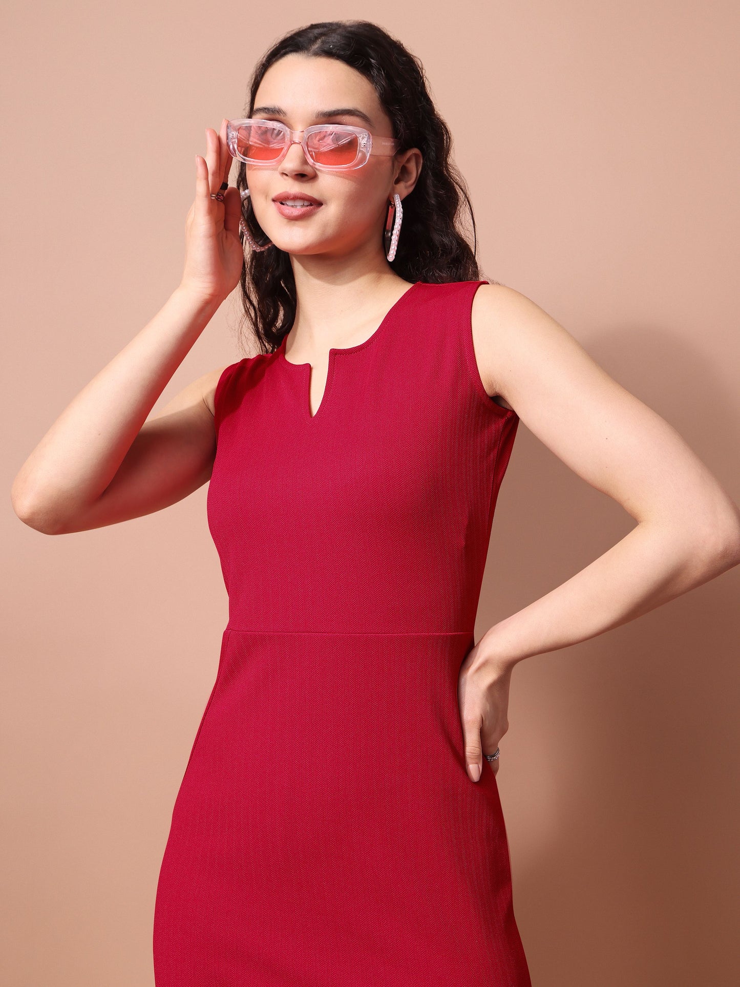 Caftan Neck Red Bodycon Dress