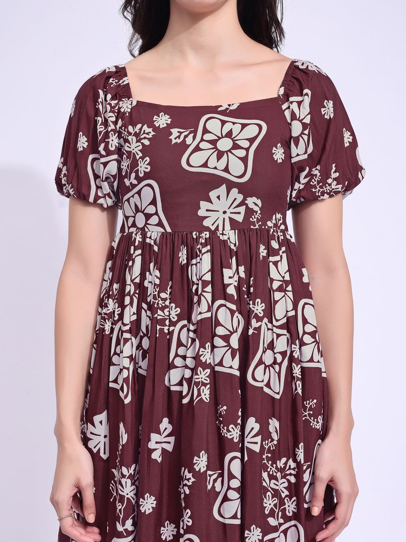 Women's Maroon Midi Short Sleeve Dress
