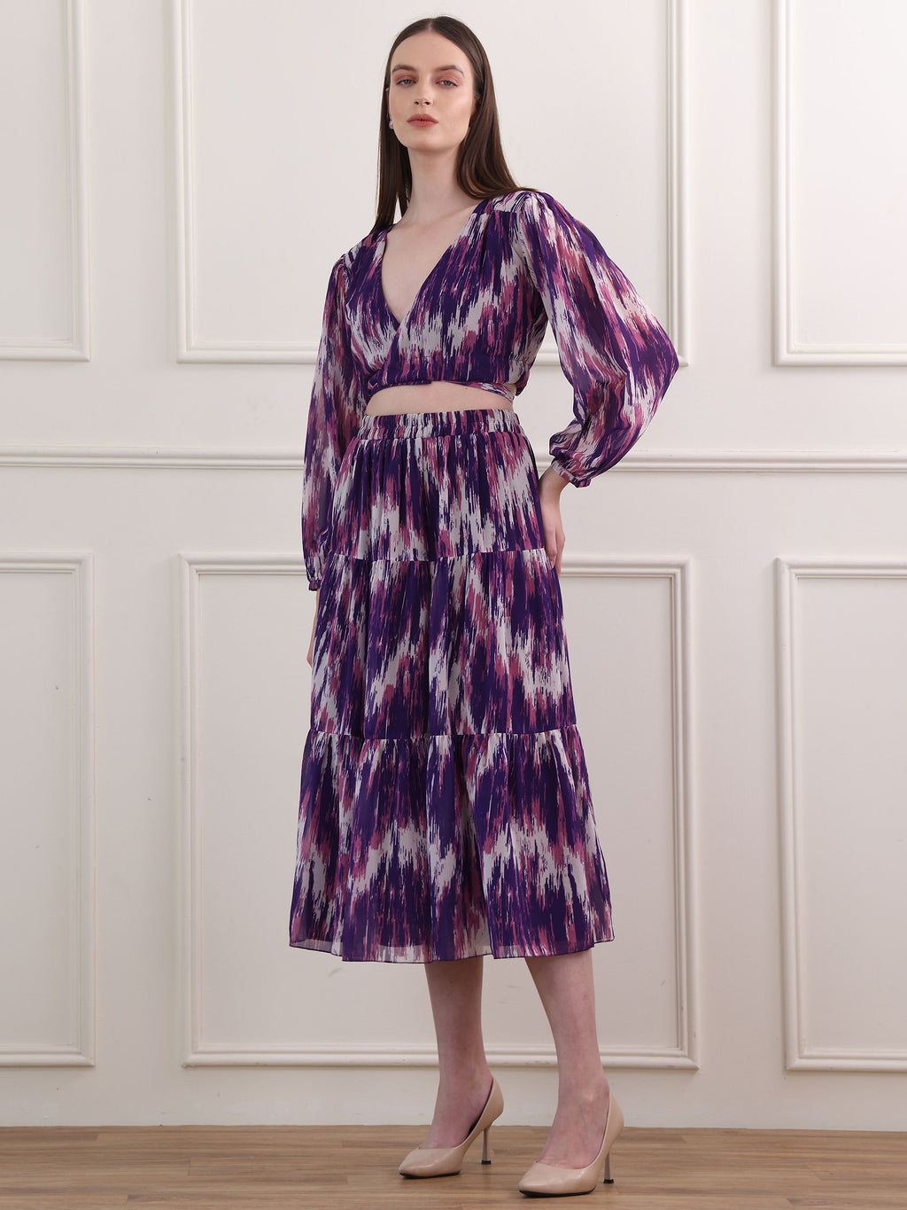 Women's Purple Stylish Puff Sleeve Top & Skirt Sets