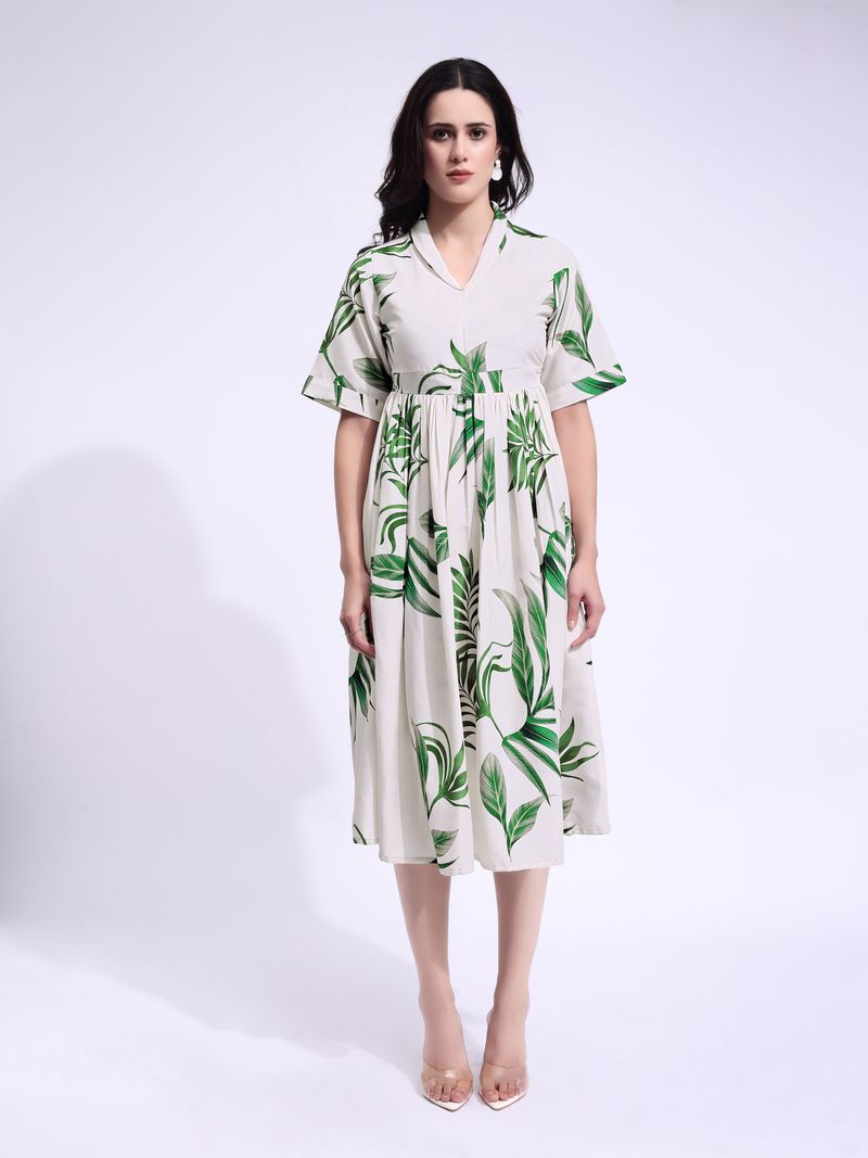 Women's Off White Fit & Flared Midi Stylish Sleeve Dress