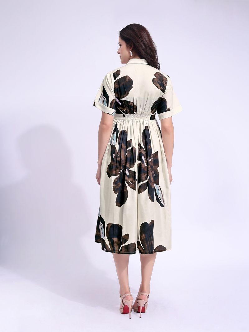 Women's Beige Fit & Flared Midi Stylish Sleeve Dress