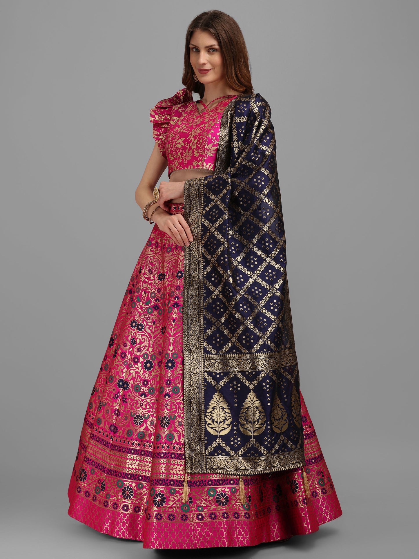 Women Pink Self Design Lehenga