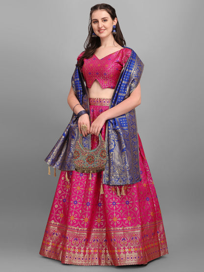 Women Jacquard Pink Printed Lehenga Choli