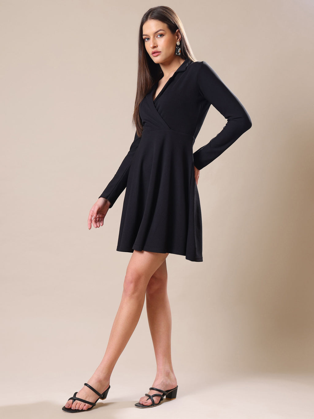 Women's Full Sleeve Fit & Flared Black Dress
