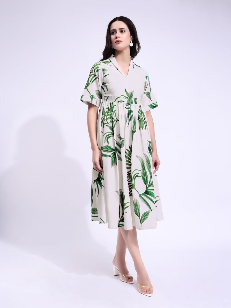 Women's Off White Fit & Flared Midi Stylish Sleeve Dress