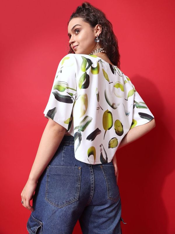 Off White Round Neck Crop Top For Women