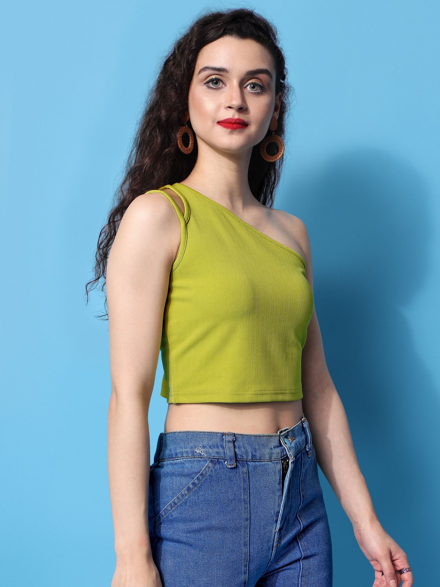 Green Solid Print One Shoulder Top