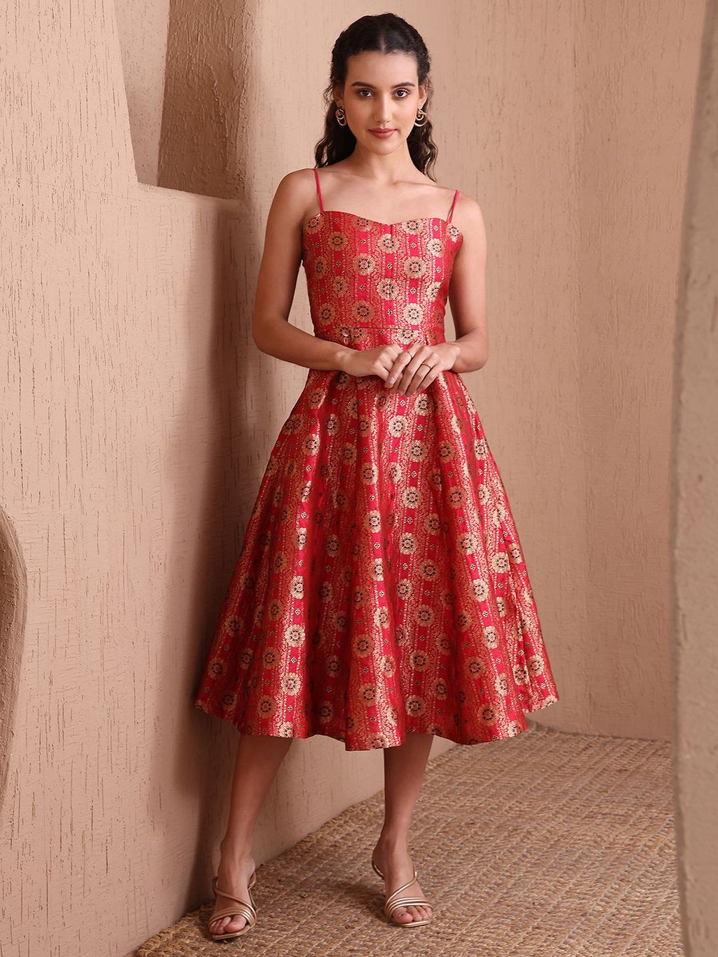 Obshivka Printed Fit and Flare Red Dress
