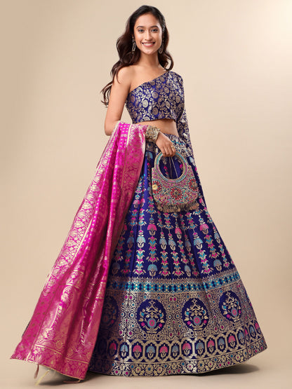 Jacquard Navy Blue Semi-Stitched Lehenga Choli