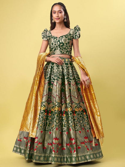 Women Green Jacquard Lehenga