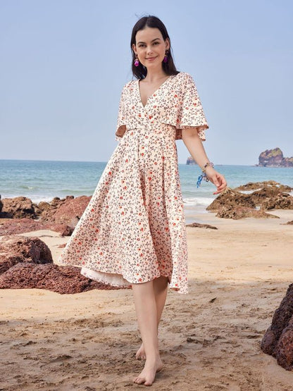 Beige V Neck Fit and Flare dress