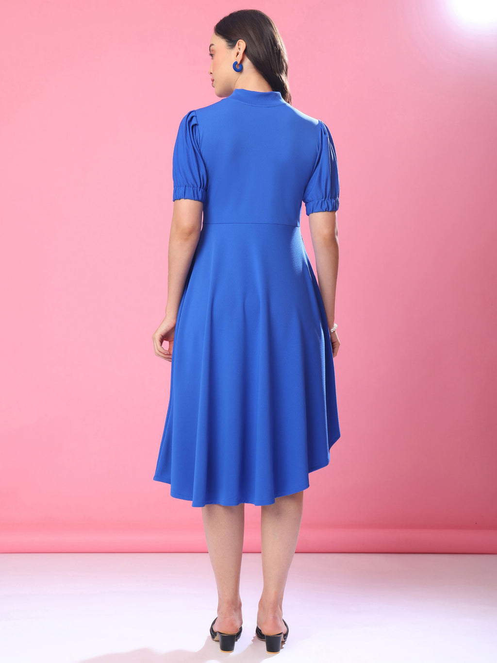 Women's Knee Length Flared Blue Dress