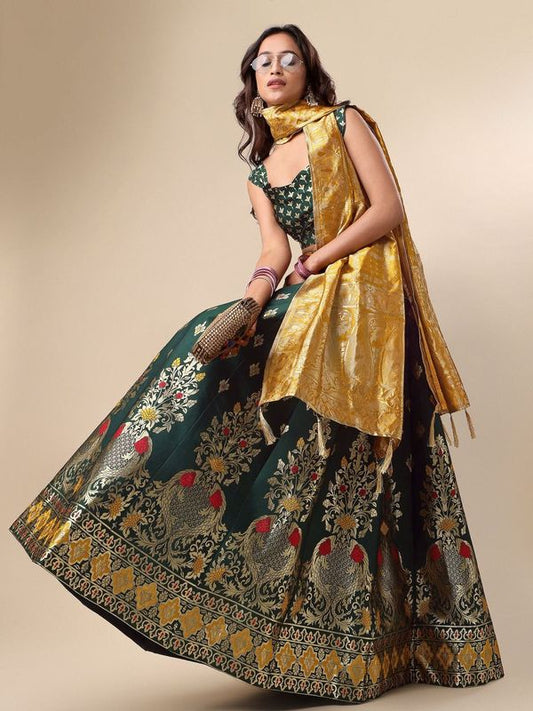 Enhanced Fish Motifs Dark Green Lehenga Choli