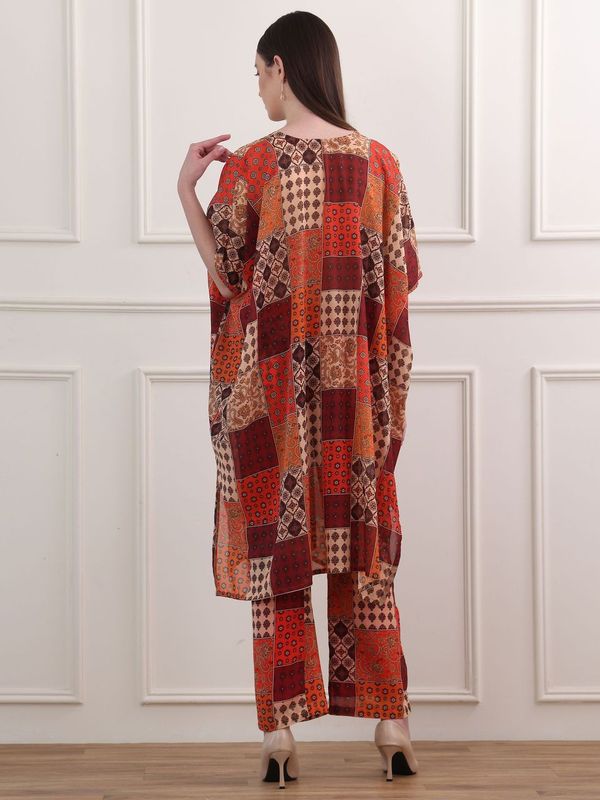 Women's Red Regular Sleeve V-neck Tunic & Palazzos Sets