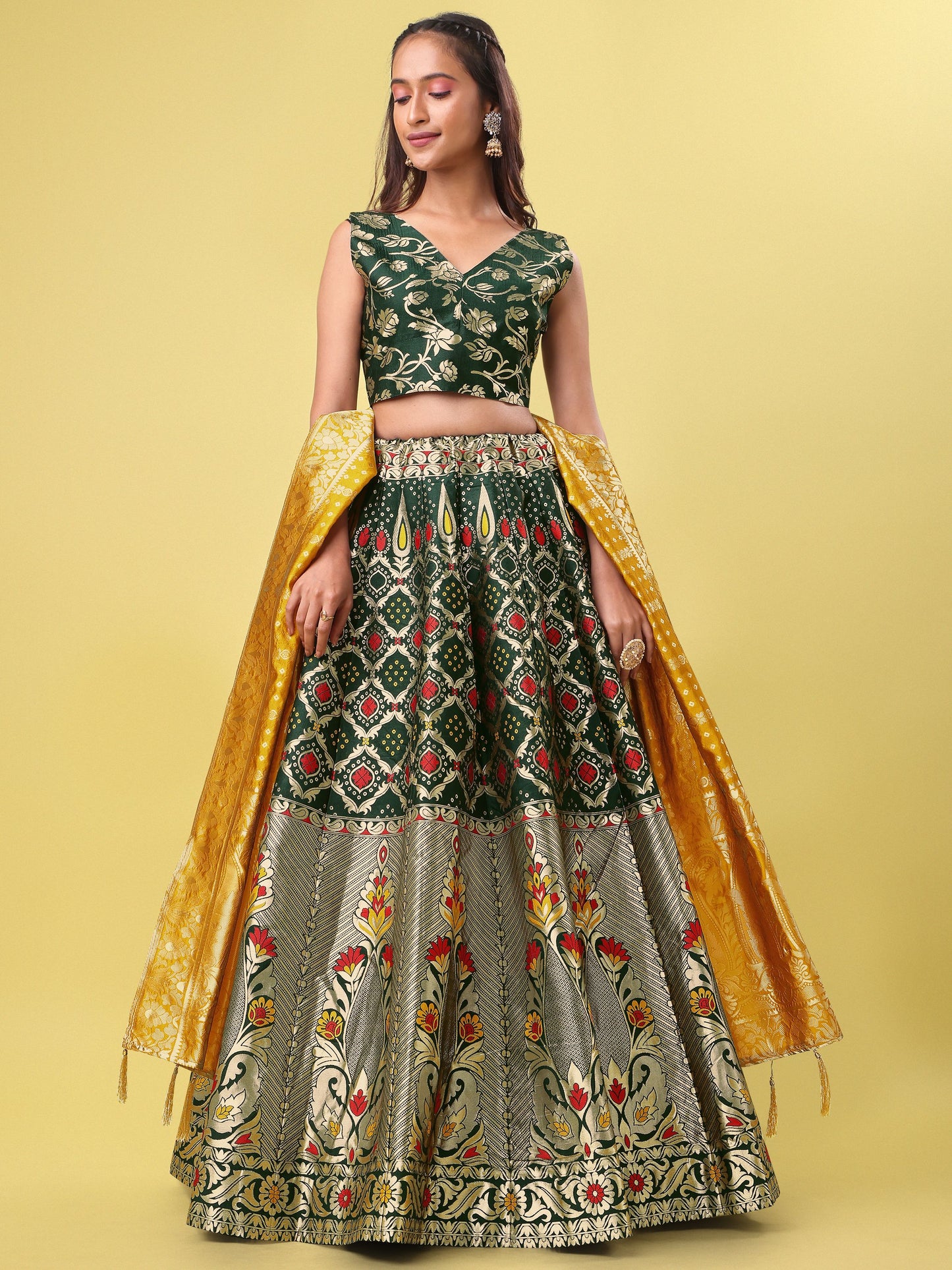 Women Green Jacquard Lehenga