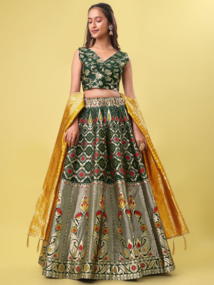 Women Green Jacquard Lehenga