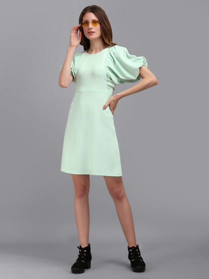 Tea Green Round neck  Puff Sleeve Bodycon Dress