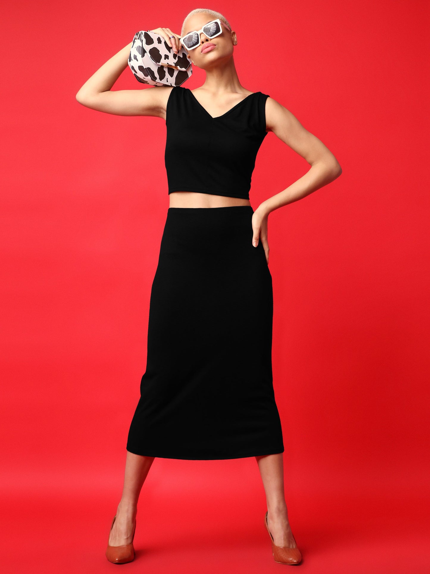 Women Black V Neck Bodycon Co-ords