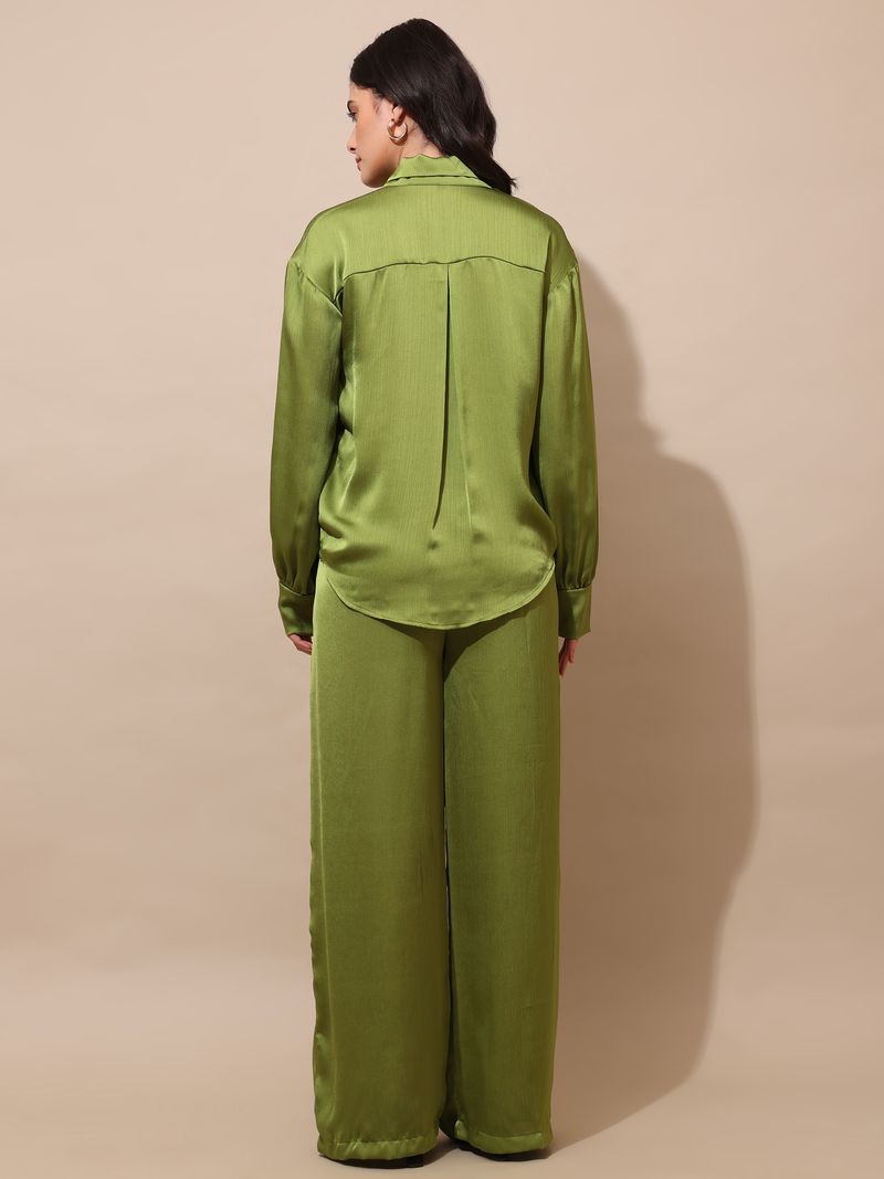 Women's Olive Solid Silk Blend Stylized Co-Ords