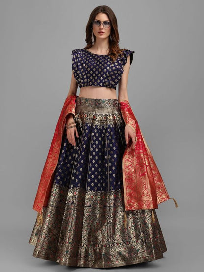 Women Blue Self Design Print Lehenga