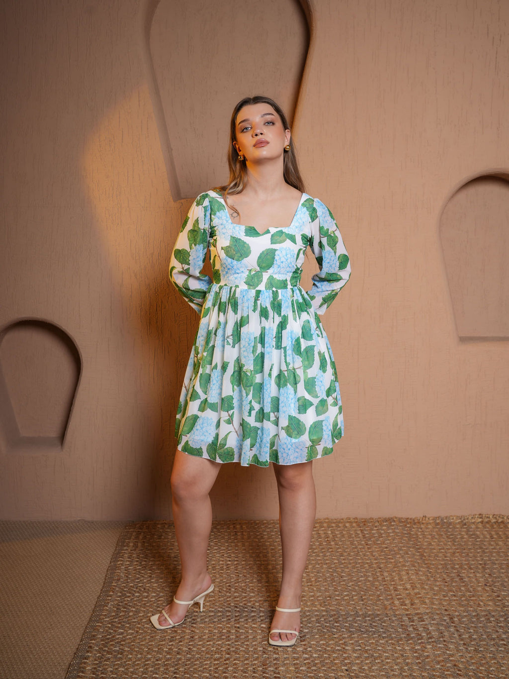 Women Green Mini Puff Sleeve Dress