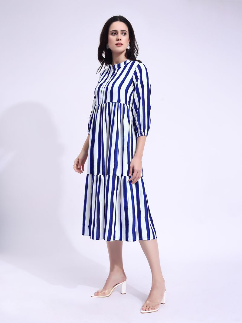 Women's White Fit & Flared Midi Puff Sleeve Dress