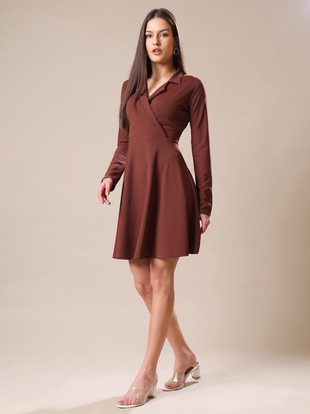 Women's Full Sleeve Fit & Flared Brown Dress