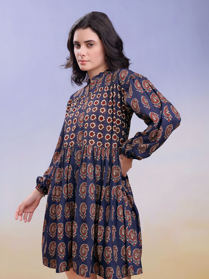 Women's Printed Fit and Flare Stand Collar Blue Dress