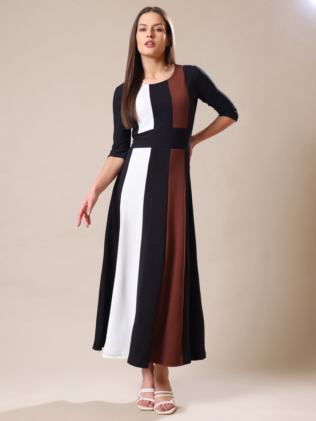 Women's Ankle Length Round Neck Brown Dress